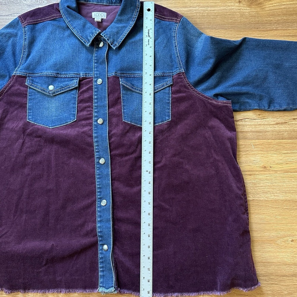 LOGO Lori Goldstein Denim Corduroy Jacket Womens 2X Cowboy Fringe Color Block - Picture 10 of 15